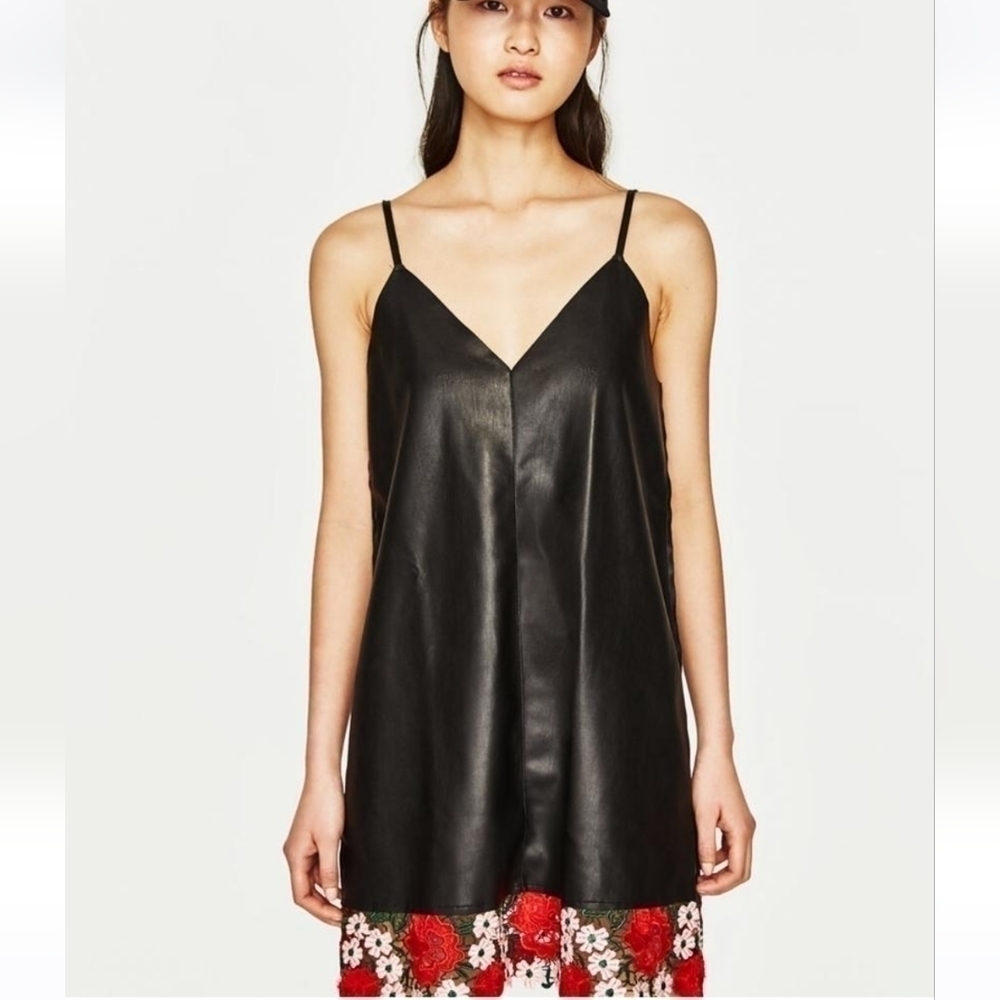 Trufaluc Zara Floral Hem Embroidered Faux Leather Dress